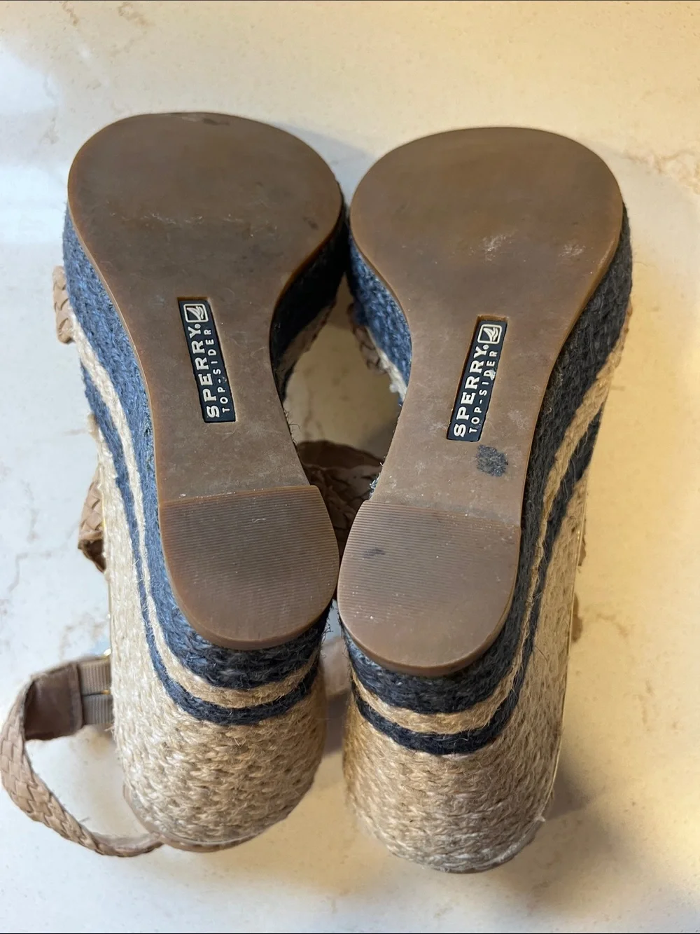 Sperry Braided Tan Wedge Sandals with Black Espadrille Platform and Gold Trim